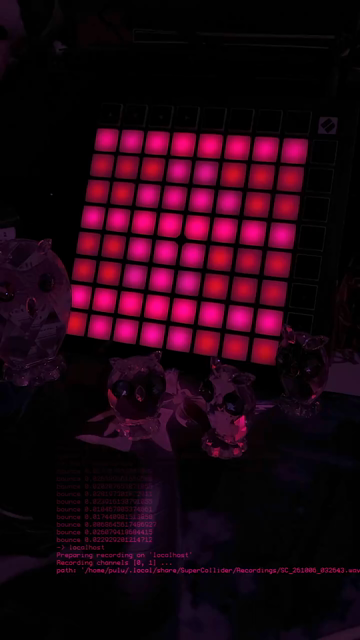 a Launchpad Mini strands upright behind four crystal owls. the Launchpad displays a magentaish-red fog animation. pixel raindrops begin to fall, producing strange percussive tones as they hit the bottom. the rate of the rain increases and decreases