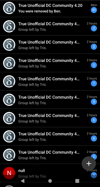 Screenshot of Delta Chat running on a mobile device which depicts almost an entire screenful of repeated messages about a single group chat which fragmented into multiple apparent groups due to a bug. Most of the messages are about someone named Tris leaving, one is about the user being removed by someone named Ben, and the other is about Tris leaving a different group. Also, the name of the group in question reflects that it has been recreated over and over and over due to bugs and griefing by users who cannot be stopped due to the lack of moderation features for group chats.