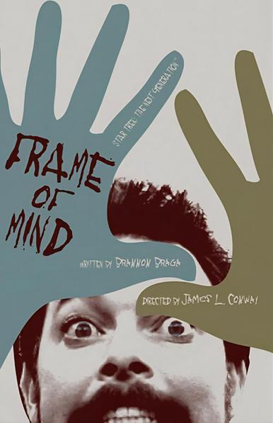 Artist: Juan Ortiz

Source (tee shirt) : https://www.ebay.com/itm/186977890193

A poster for the Star Trek The Next Generation episode Frame of Mind, showing a black and white image of Riker's face as he freaks out, with blue and green hands reaching out to his face.