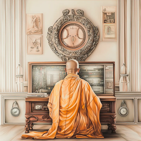 A Tibetan monk in saffron robes sits on the floor before a large computer.