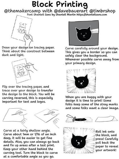 Block Printing Instructions for the Catskill Mountain Maker Camp with Dave Bauer and Tim Brown @davebauerart @timbrshop on Instagram. Font used is Shantell Sans by Shantell Martin. https://shantellsans.com Draw your design on tracing paper. Think about the constrast betweendark and light.Flip over the tracing paper, andtrace over your design to transferthe design to the block. You will becarving reversed, this is especially 
important for text and logos.Carve at a fairly shallow angle.Carve about 1mm or 1/16 of an inchdeep, it will be easier to get finedetails. Also, you can always go backand fix up areas after a test print. 
Keep your other hand behind the
carving tool. Turn the block to carveat a comfortable angle as you go. Carve carefully around your design.This gives you a border so you cansafely clear the background. Whenever possible carve away fromyour primary design. When you are happy with yourdesign it is time to print! Somefolks keep some of the stray marksand some folks want a clear image. Roll ink ontothe block, andpress! Carefully pull back the paper to reveal your artwork!