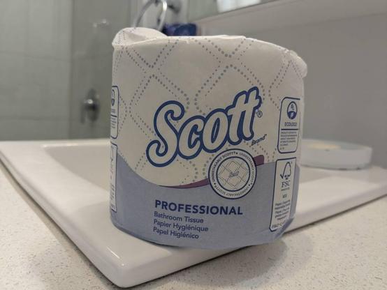 A wrapped roll of "Scott PROFESSIONAL Bathroom Tissue" toilet paper, sitting on the corner of a sink.