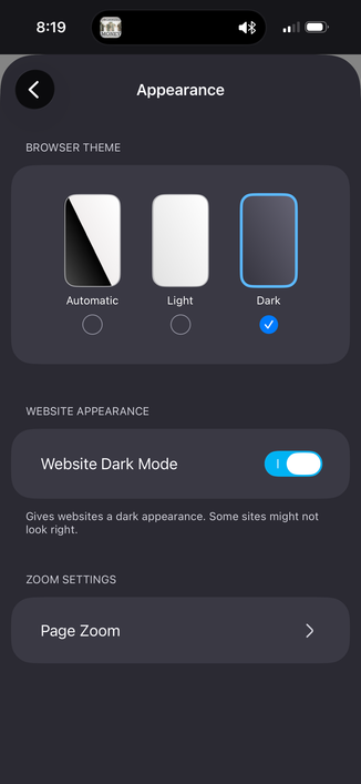 Screenshot of Mozilla Firefox Appearance tab of the in-app settings on iOS. The top corners are rounded to show just a tiny arc of the background of the page that I was on before opening settings.
