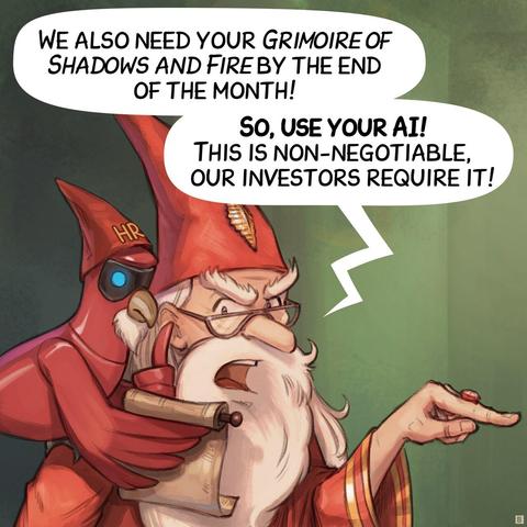 Panel 2. A closer shot of the headmaster as he continues his tirade, gesturing dramatically but reading the scroll of a Avian Intelligence Parrot with a little hat and a beard with on it "HR".  
> Headmaster: "We also need your Grimoire of Shadows and Fire by the end of the month!"  
> Headmaster: "So, use your AI! This is non-negotiable, our investors require it!"