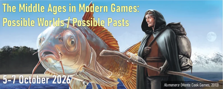Middle Ages in Modern Games conference banner for 5-7 October 2026, wit the theme Possible Worlds/Possible Pasts. The banner image is a hooded, cloaked white man with a staff and a backpack and also a giant hovering shimmery goldfish thing with bulging eyes just sort of chilling next to him and giving him some side-eye, not that it's really possible for fish to give eye other than sideways given that's where their eyes are.