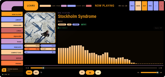 Veilamp with the new LCARS theme showing Muse - Stockholm Syndrome playing.