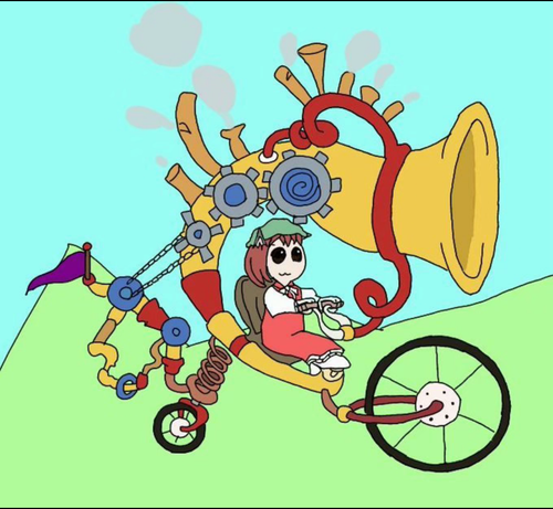 Chen from Touhou driving a bicycle contraption with a big horn, pipes and gears on it. i think this is a Family Guy reference but have not seen the show