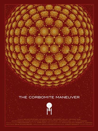 Artist: Todd Slater

Source, Mondo Shop: 
- https://mondoshop.com/products/star-trek-the-corbomite-maneuver-variant-todd-slater-poster
- https://toddslater.net/

An elegant poster for the Star Trek episode The Combomite Maneuver, featuring a tiny white silhouette of the Enterprise starship approaching a massive golden sphere that is made up of smaller spheres, all against a reddish brown background dotted with stars.