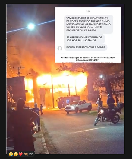 Captura de tela de um vídeo recebido no whatsapp. 
Sobreposto ao vídeo, há outra captura de tela, mostrando mensagens recebidas em um outro app de mensagem, que dizem "Vamos explodir o departamento de voces. Segundo turno é Flávio. Nosso ato vai ser mais forte e não vai ser só amor igual vocês esquerdistas de merda. Se arrependam e dobrem os joelhos seus acéfalos. Fiquem espertos com a bomba"