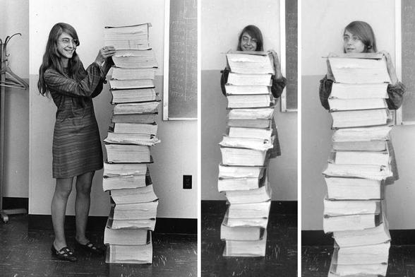 A series of 3 black and white photographs showing Margaret Hamilton standing next to the printed out code of the guidance system the team she led wrote for the Apollo mission.