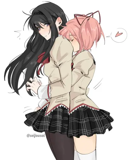 Madoka hugging Homura from behind