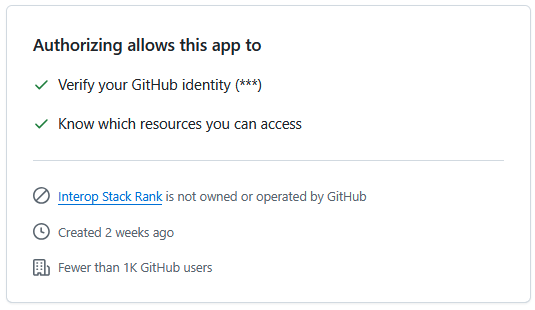 Screenshot:
 Authorizing allows this app to

    Verify your GitHub identity (***)
    Know which resources you can access