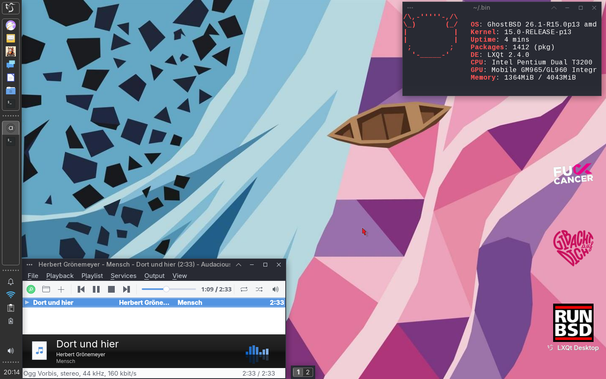 Screenshot of GhostBSD running LXQT.

- Styling: Qogir gtk2/3/xfwm, QT theming via qt6gtk2
- LXQT Panel: Graphite
- Icons: Qogir
- Wallpaper by @orbite

There's a panel with some pinned icons floating on the left, a qterminal showing some system stats. Audacious playing a flac encoded Amiga music file by uade123.
At the bottom is a floating/intellihide panel with two desktop switcher buttons. 

hidden: An autohide panel with window actions: min, max and close for maximized windows in upper right corner.