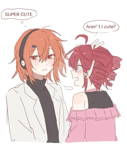 Kasane Teto to Adachi Rei: "Aren't I cute?"

Adachi Rei, blushing and looking away, in her mind: "SUPER CUTE"