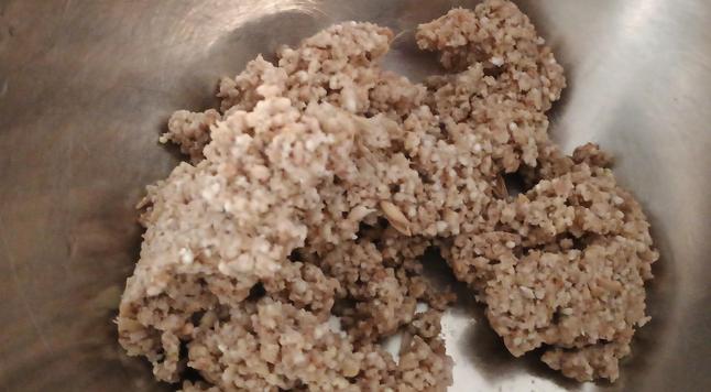 All ground up and moist enough to clump together, before flours added