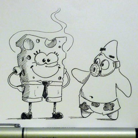 A piece of anthropomorphized cheese next to an anthropomorphized starfish with a gas mask.