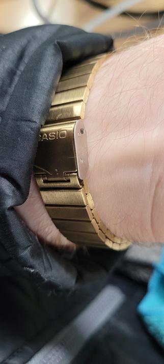 A gold Casio wristband, on my wrist.