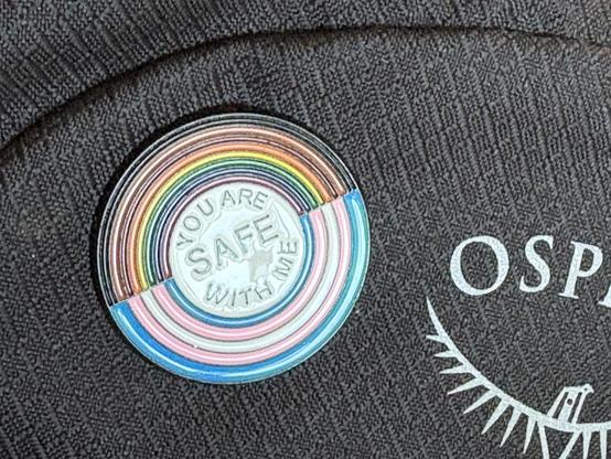 A round pin painted in the colours of the queer and trans flags surrounding the words “You are safe with me”.