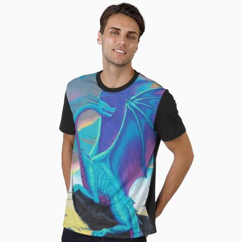 My brightly coloured drawing of a dragon on a T-shirt, with black sleeves and a black collar.
