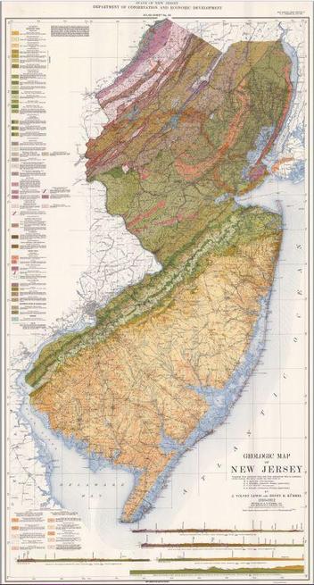 A map describing the geology of the state of New Jersey from 1950.