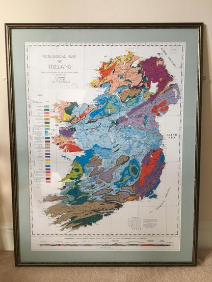 GEOLOGICAL MAP
OF
IRELAND
BASED ON THE WORK OF THE GEOLOGICAL SURVEY
3° EDITION 1962.
1:750,000
1 Inch - 12 Miles (Approx.)

Ireland is shown in various colours representing the rock. Large sections are light blue, purple, peach, red and grey.