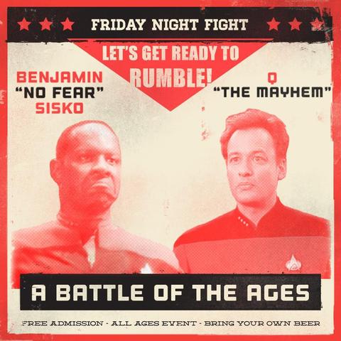 Artist: KhalidM ( https://x.com/_khalidm )

Source: https://friducation.com/2014/02/star-trek-ds9-q-less/
Created: 2014

An internet magazine cover for tonight's H&I All Star Trek Deep Space Nine episode, Q-Less, done mostly in red on light yellow, designed as a boxing match poster, featuring the unhappy face of Sisko and Q with a curious expression. The tagline in black below says: A Battle of the Ages.
