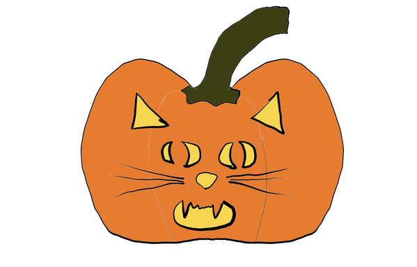 crude drawing of a pumpkin with a cat face carved into it, jack o'lantern-style