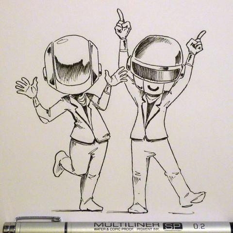 Two robot-like figures dancing.