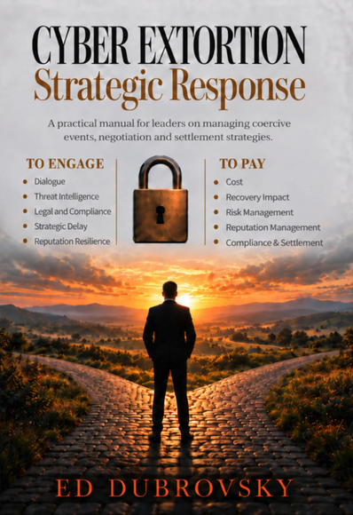 A book cover picture on Amazon, of a book called
Cyber Extortion Strategic Response
by Ed Dubrovsky. 

A practice manual for leaders on managing coercive events, negotiation and settlement strategies, is the tagline.

The cover art shows a man in a suit with his back to us and facing a sunset and a brick path that diverges in front of him. Beyond is a misty countryside and mountains.