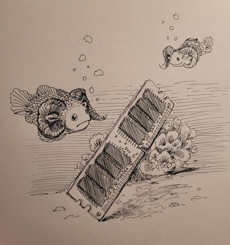 Pen drawing of fish with ram horns looking dubiously at a stick of Random Access Memory which has landed on the ocean floor.