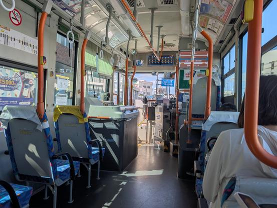 Interior of a city bus in Okinawa. Outside it's clear and sunny.