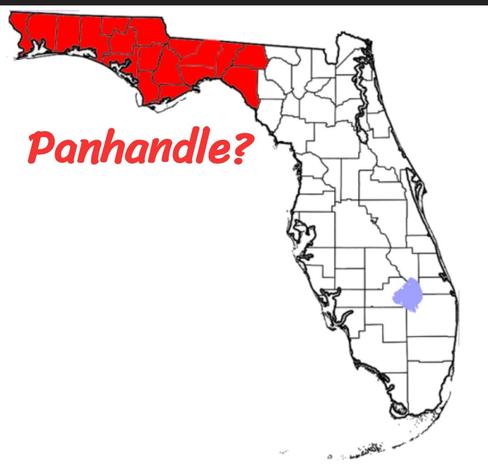 A map of the US state of Florida and the northwest portion, termed the panhandle, which looks nothing like a pan's handle while the rest of the state looks exactly like the handle of a pan.