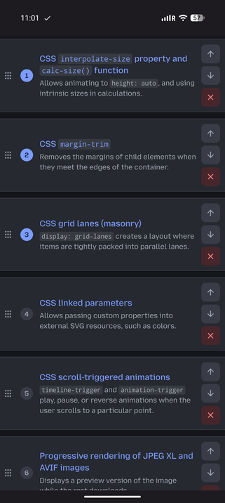1. CSS calc-size() function.
2. CSS margin-trim
3. CSS grid lanes (masonry)