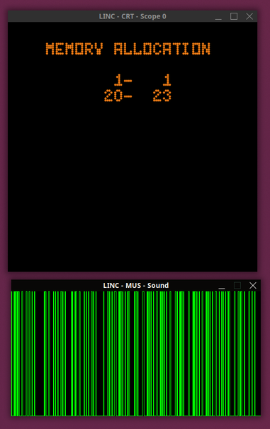 Screenshot of running LINC emulator.  Upper window is a message from the assembler: MEMORY ALLOCATION 1-1 20-23.  Lower window shows the sound signal out of the address register.
