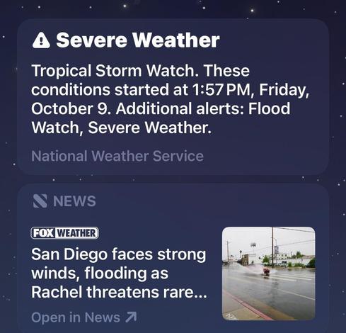 A Tropical Storm Watch, Flood Watch, and Severe Weather alert have been issued starting at 1:57 PM on October 9, with San Diego experiencing strong winds and flooding as Rachel approaches.