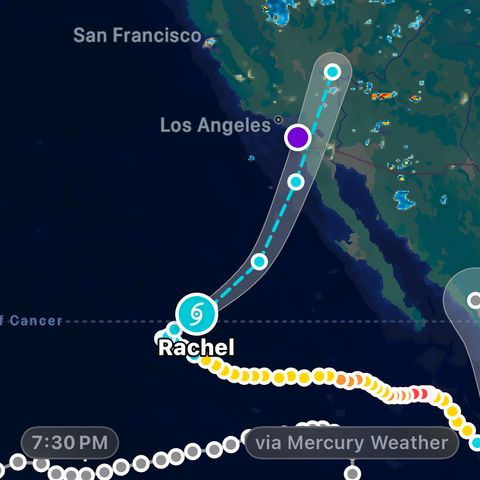 The image shows the projected path of Hurricane Rachel approaching the west coast of Mexico, with markers indicating its progression and forecasted track northward along the coast.