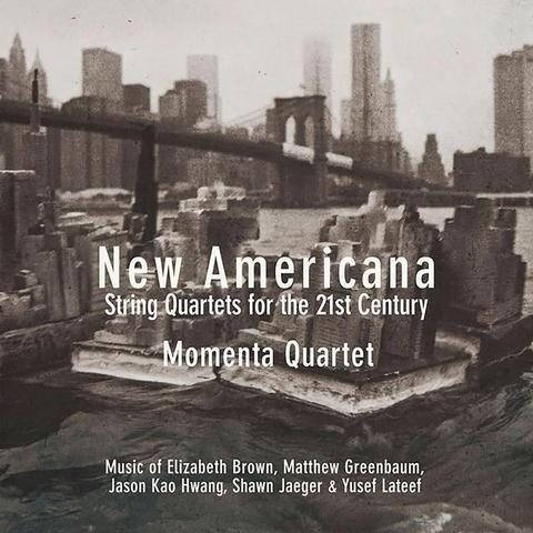 Cover of Momenta Quartet’s New World Records album “New Americana: String Quartets for the 21st Century”, featuring a grainy, blurry black and white photo of a bridge over a river into a city with skyscrapers.