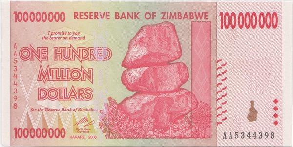 One hundred million dollars banknote from Zimbabwe.