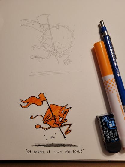 Sketchbook page with two drawings of little runners with flags. The bottom one has been colored orange with marker and looks like a little computer box with horns.