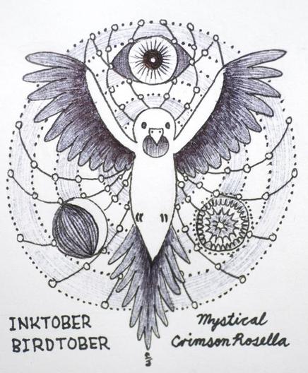 My stylises ink drawing of a rosella (parrot) in flight with a cosmic background.