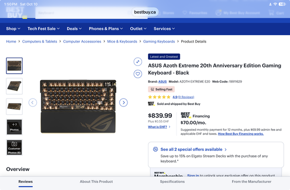 A black gaming keyboard with orange backlighting is displayed on a webpage from bestbuy.ca. The price is $839.99.