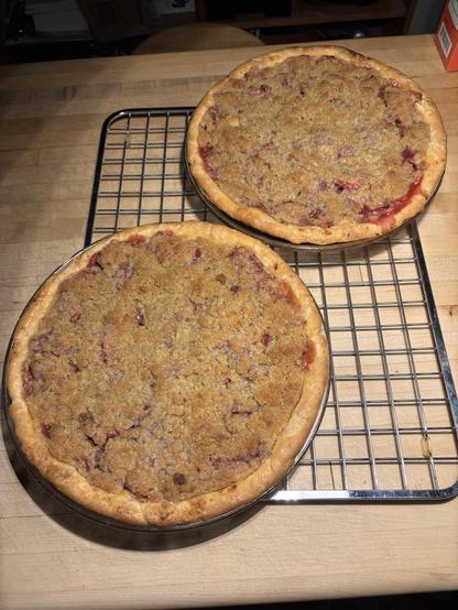 Two streusel-topped pies on a metal cooling rack.