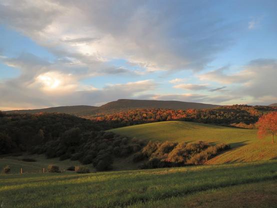 Die sanft abfallenden Felder im Vorder- und Mittelgrund sind noch grün, obwohl die Bäume bereits ihr Herbstkleid tragen. Sonnenlicht, das durch die Wolkendecke dringt, beleuchtet jene Teile der Landschaft, die es erreicht. Im Hintergrund erstreckt sich ein Gebirgskamm quer durch das Bild.

The gently sloping fields in the fore and middle ground are still green though the trees are wearing their autumn colors. Sunlight that escapes the clouds above illuminates those parts of the landscape it reaches. In the background a mountain ridge stretches across the frame.