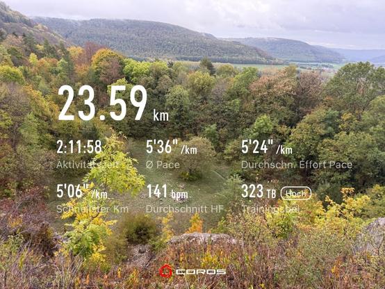 23.59 kilometers of running in 2 hours, 11 minutes and 58 seconds
