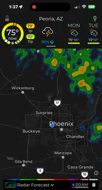 4 second radar forecast on looping to show lots of heavy rain imminent at 2 am Sunday. It’s from MyRadar an iOS app. Black background with white text for city names and moving green blobs showing direction of rain. Also showing 75° and rain through Tuesday.
