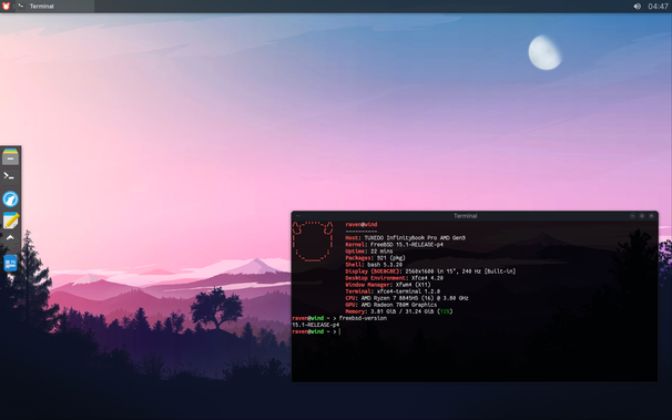 A desktop screenshot of Xfce running on FreeBSD 15.1-RELEASE-p4 on my TUXEDO InfinityBook Pro AMD Gen9