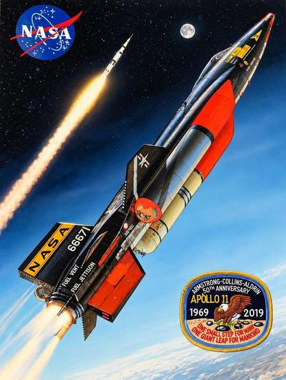 painting of an X-15 rocketplane flying high above the clouds with a Saturn V rocket and the Moon in the background. also the NASA meatball and an Apollo mission patch.