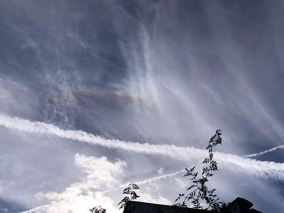 A photo of a multicoloured arc above the sun with cirrus clouds and contrails.