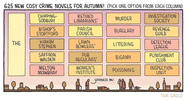 Title: 625 new cosy crime novels for autumn! (pick one option from each column) 

Column 1: (one option) The.

Column 2: (five options) Chipping-Sodbury, Bishop's Stortford, Kirkby Stephen, Saffron Walden, Melton Mowbray. 

Column 3: (five options) Retired Librarians', Parish Council,Lawn Bowlers', Pub Regulars', Women's Institute.

Column 4: (five options) Murder, Burglary, Littering, Bigamy, Poisoning. 

Column 5: (five options) Investigation Society, Revenge Guild, Detection League, Punishment Club, Inspection Unit.