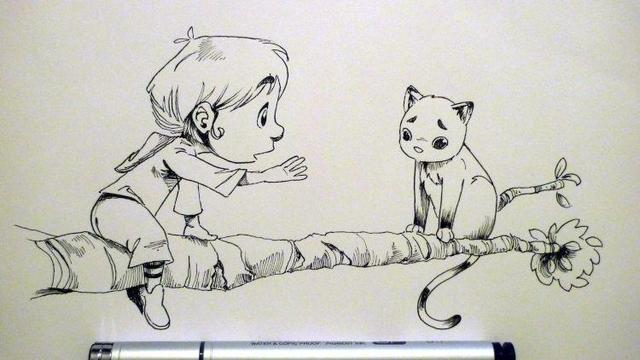 A character on a tree branch, trying to reach out and  help a scared cat.